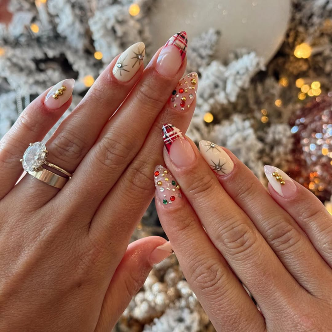 Stiletto Plaid & Gem Accents — Christmas Nail Designs 2026
