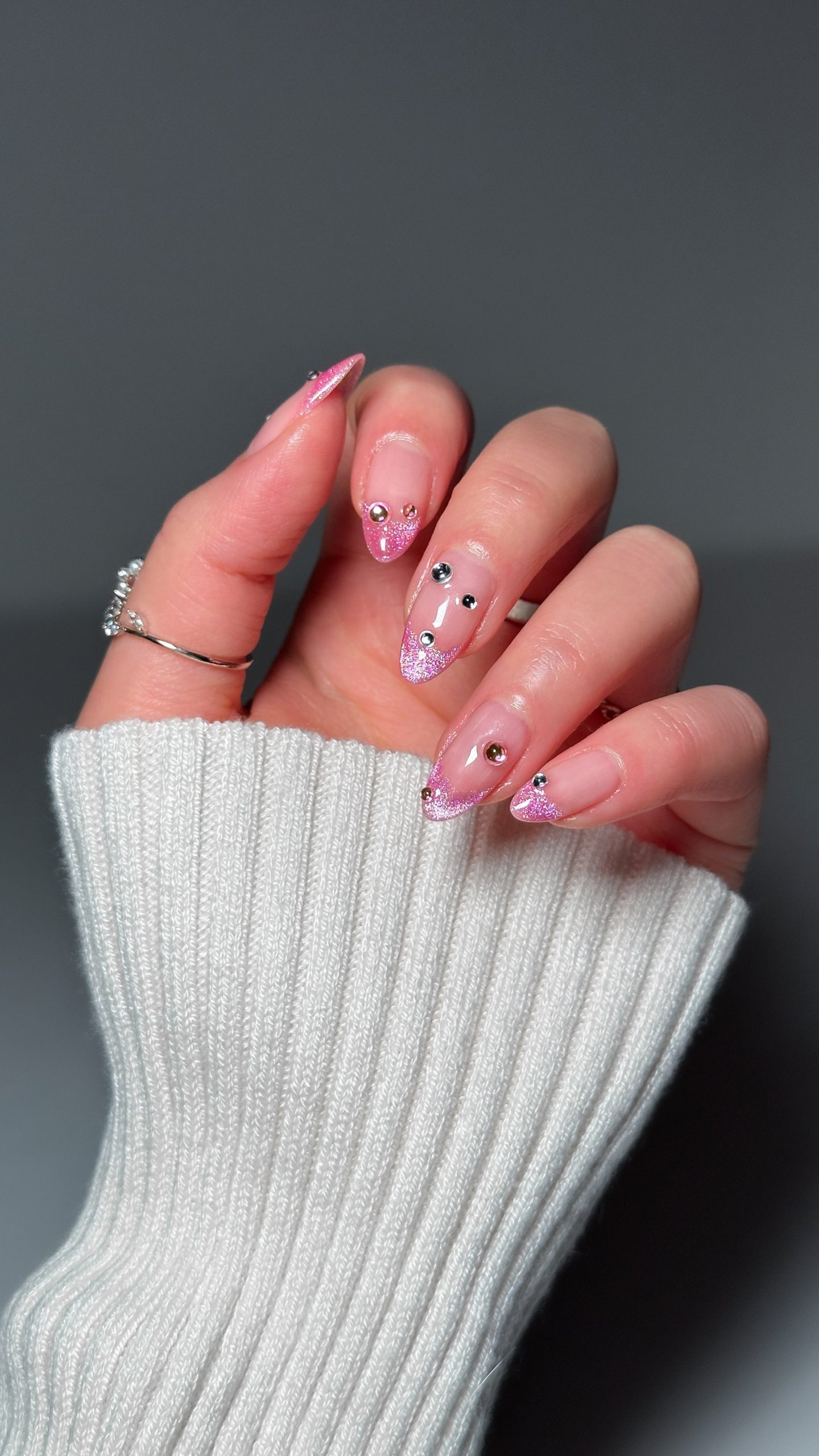French Tips With Glitter And Rhinestones Visual Idea — Winter Ombre Nails