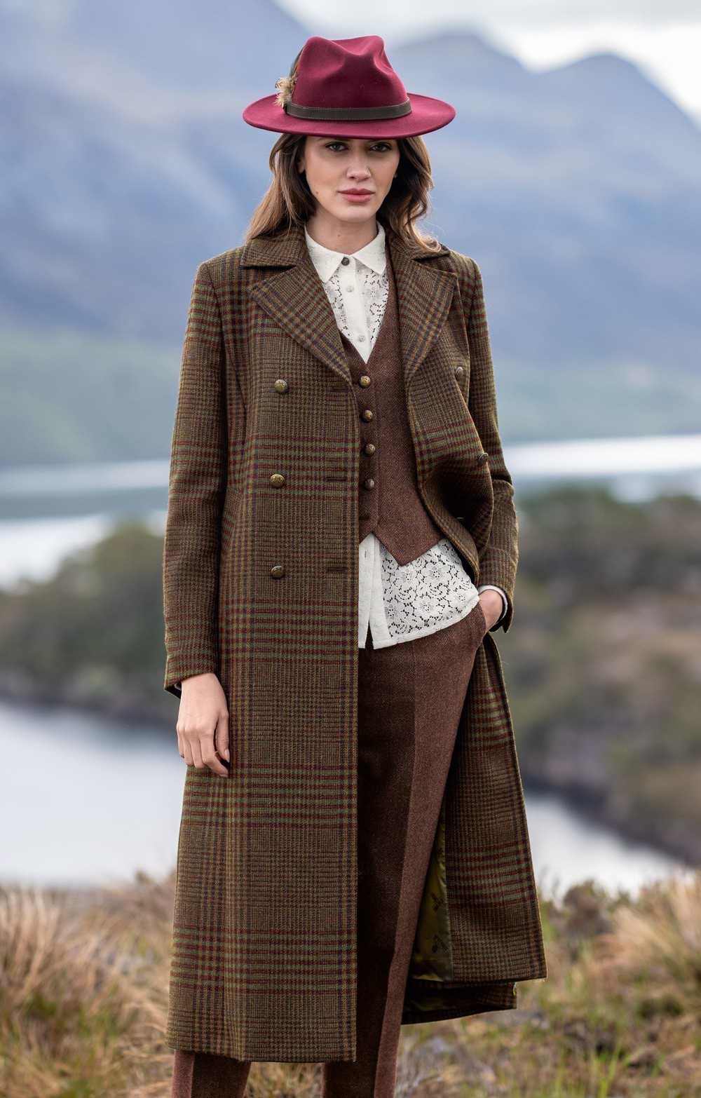 Brown Checked Tweed Coat with Lace Blouse and Hat — Winter Coats for Women