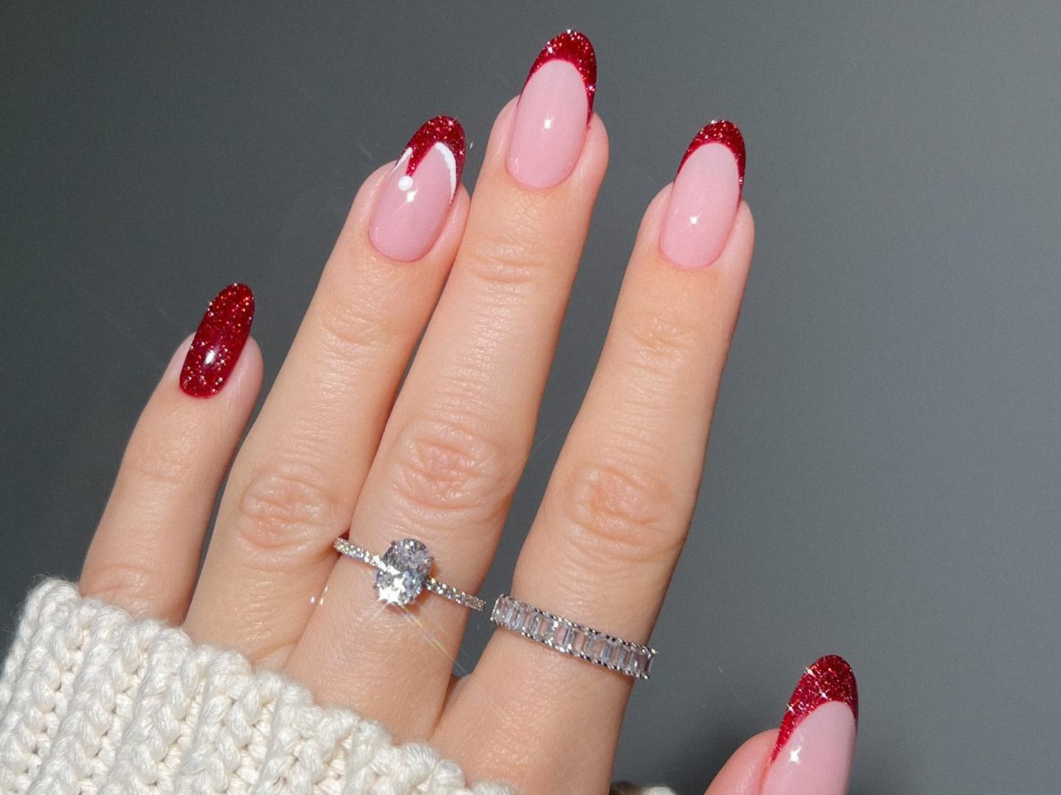 Glitter Red French Tip Almond Nails Glitter Red French Tip Almond Nails β Christmas Gel X Nails 2026