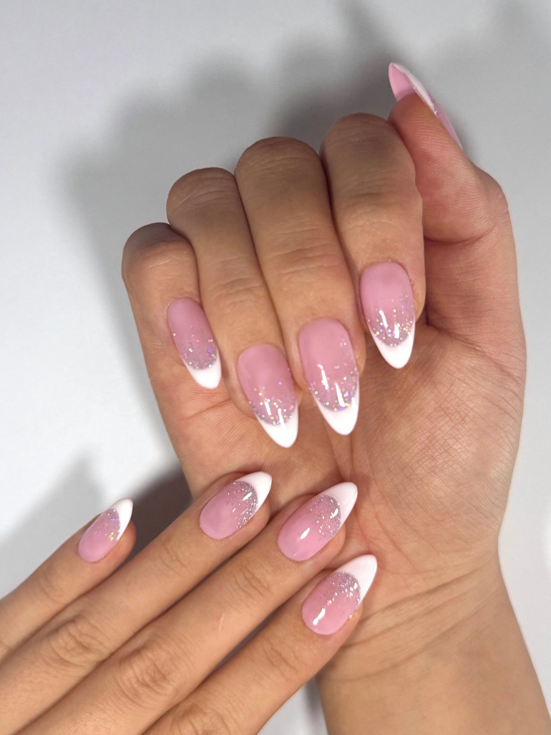 Subtle Glitter French Almond Nails — Winter Date Night Nails