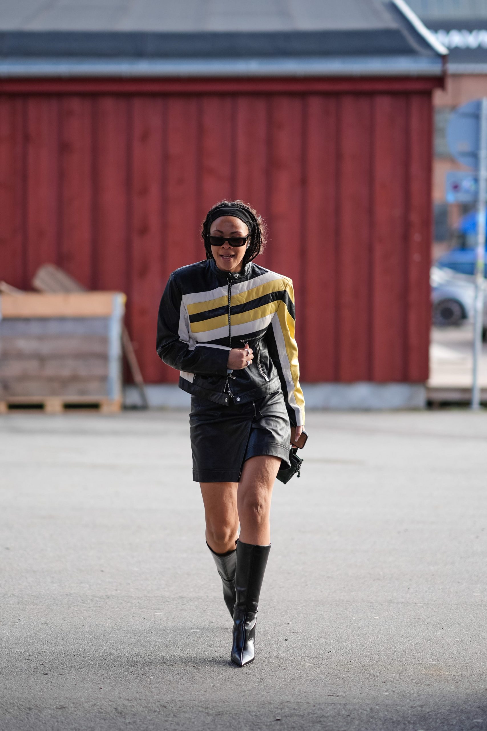 Leather Possibly Synthetic Stripes Striped Jacket Statement: Knee-High Boots with Leather Mini Skirt Leather Possibly Synthetic Stripes Striped Jacket Statement: Knee-High Boots with Leather Mini Skirt β Black Boots Outfits