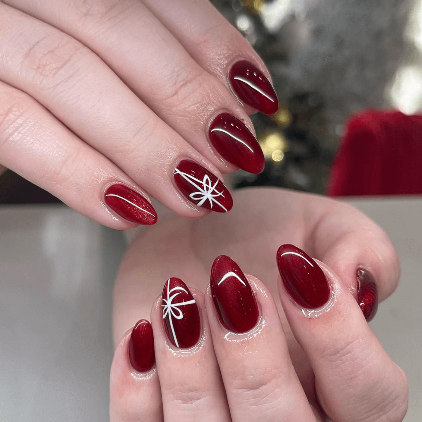 Deep Red White Bow Oval Nails — Winter Acrylic Nails