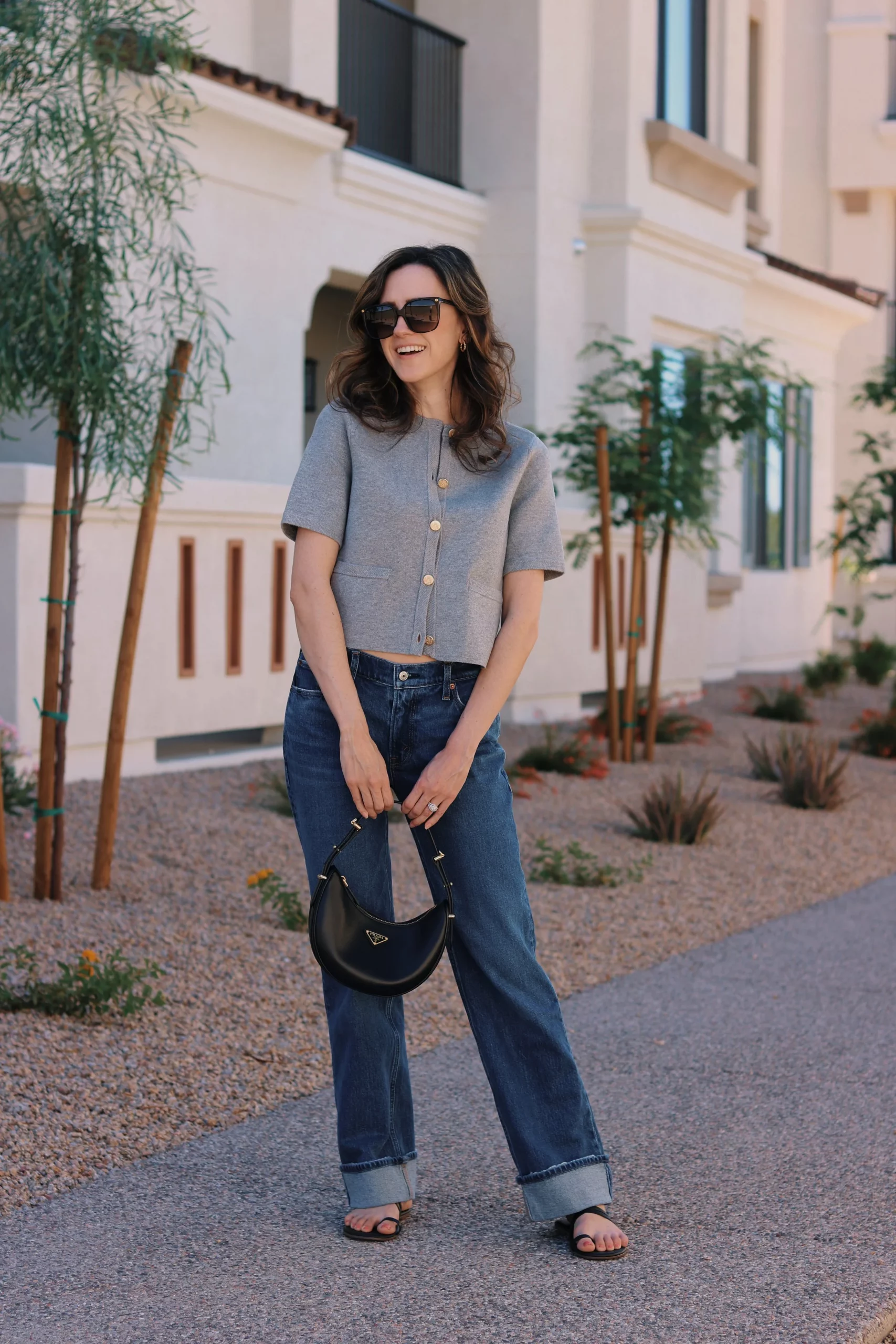 Grey Short-Sleeve Cardigan with High-Waisted Wide-Leg Jeans — Cardigan Outfits