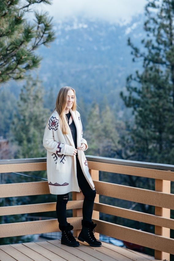 Geometric Cardigan and Ripped Jeans for Cabin Comfort — Cabin Trip Outfits