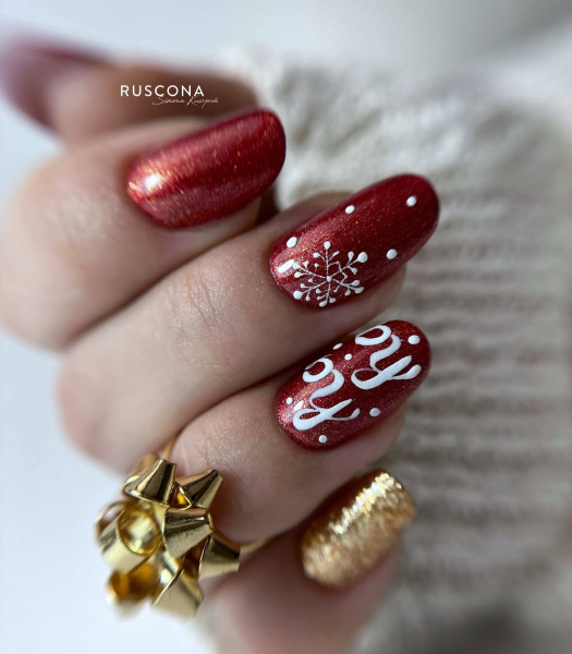 Deep Red with Swirls and Snowflakes Deep Red with Swirls and Snowflakes β Christmas Oval Nails 2026