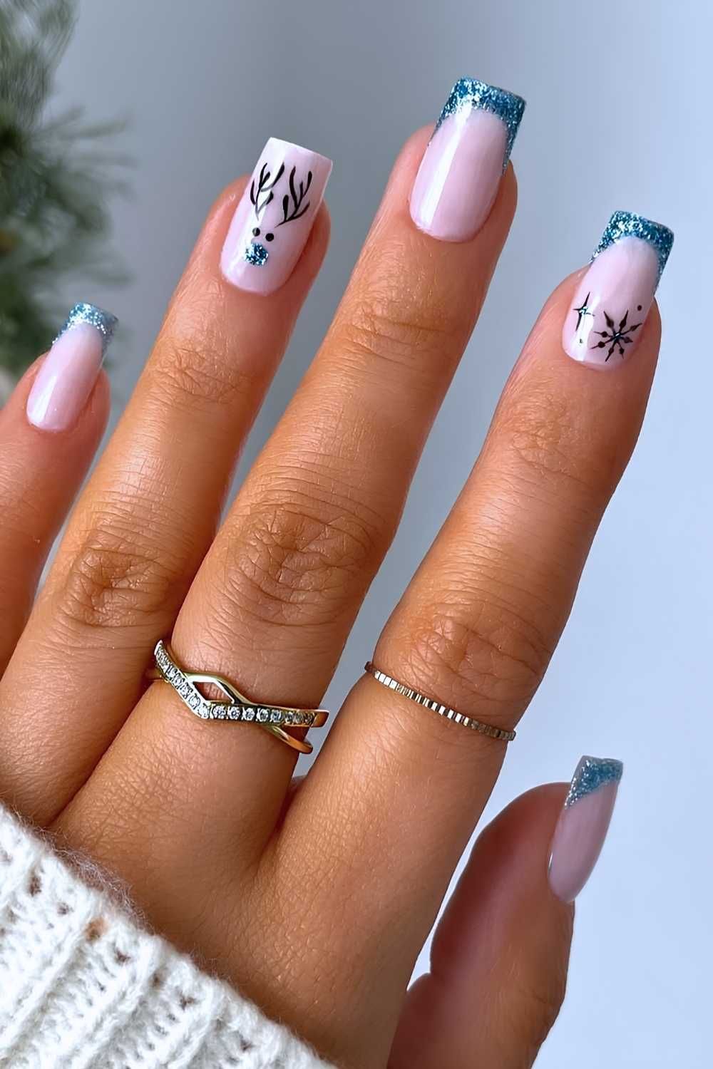 Short Square Nude Pink with Reindeer Art and Glitter French Short Square Nude Pink with Reindeer Art and Glitter French β Sparkly Winter Nails