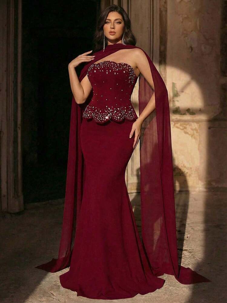Burgundy Mermaid Dress with Embellished Cape — Winter Formal Dresses