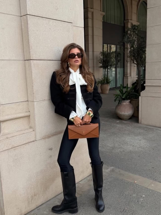 Smart Casual Evening: Pussy-Bow Blouse and Cropped Jacket with Black Knee-High Boots — Over the Knee Boots Outfits