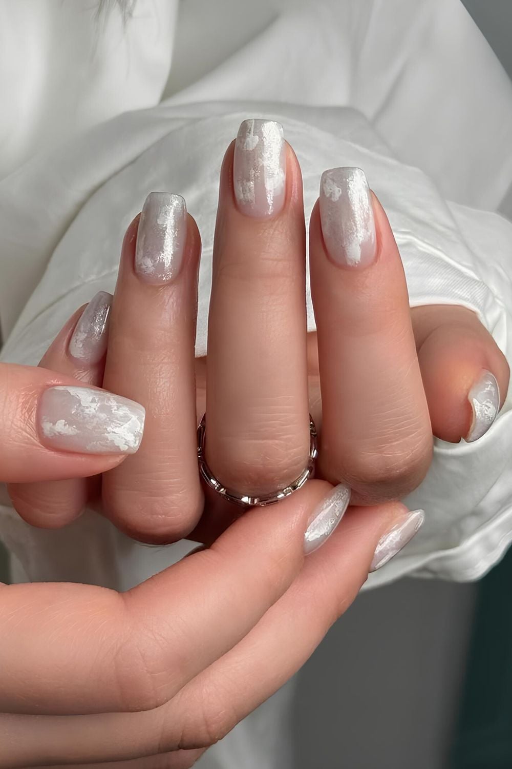 Iridescent Flakes and Gold Branches on Almond Nails — Winter Marble Nails