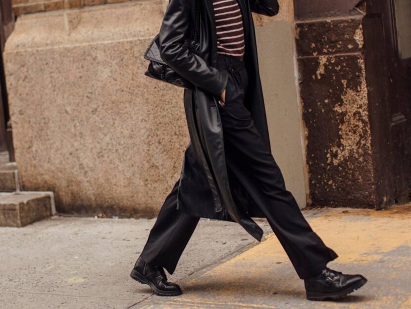 Edgy Street Style: Leather Trench Coat, Wide-Leg Trousers, and Lace-Up Boots — Winter Boots Outfits