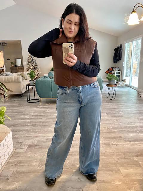 Bold Contrast: Brown Puffer Vest with Light Blue Jeans — Winter Outfits with Wide Leg Jeans