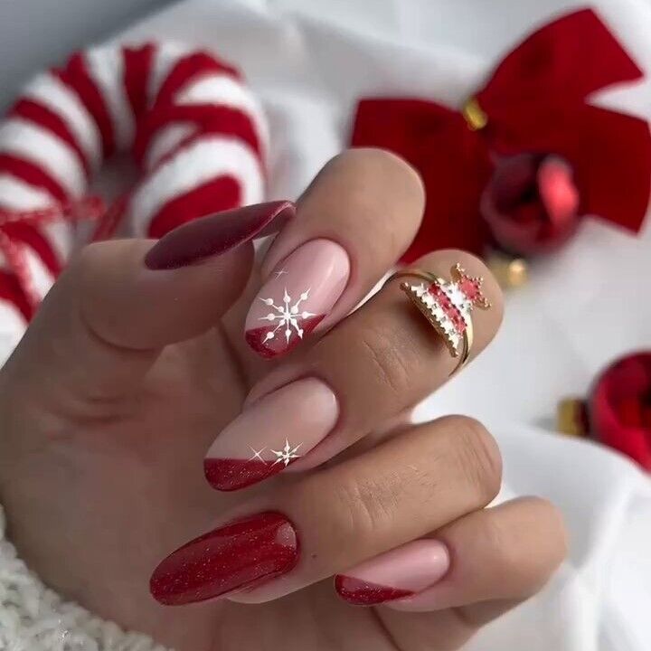 Nude Pink Almonds with Red Glitter French and Snowflakes Nude Pink Almonds with Red Glitter French and Snowflakes β Snowflake Nails