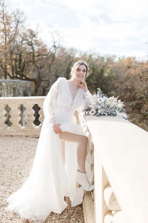White Lace Wedding Dress with Patterned Tights — Boho Winter Outfits