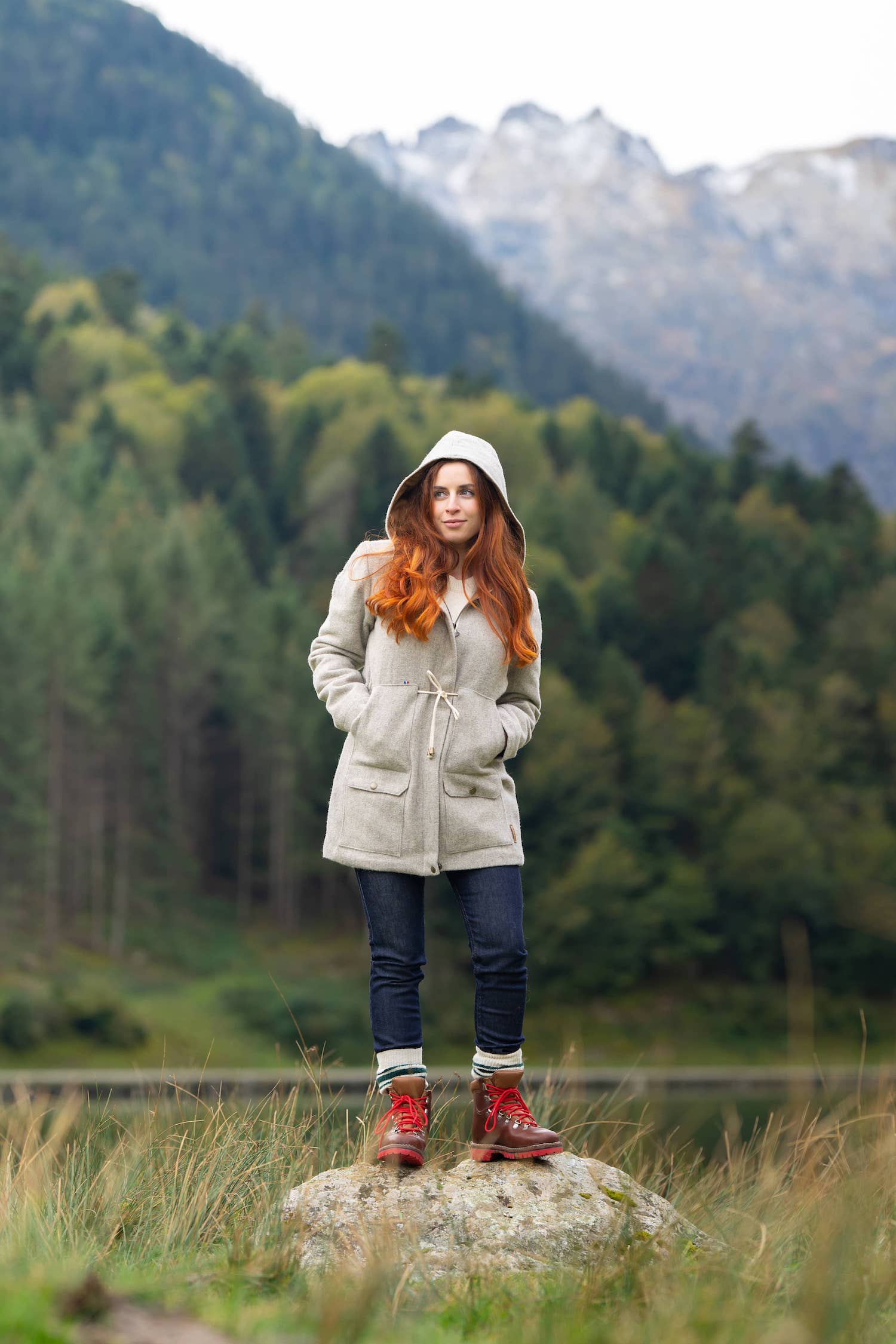 Grey Hooded Wool Coat with Red Boots — Wool Coat Outfits