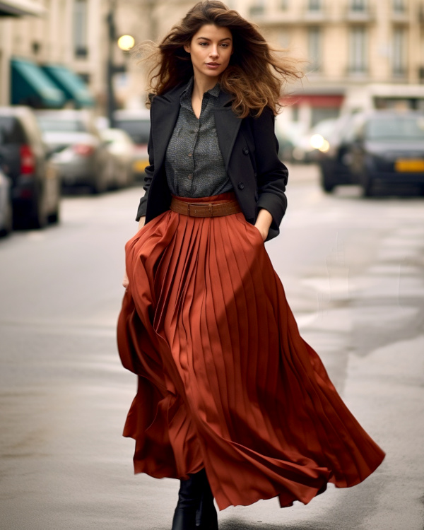 Burnt Orange Maxi Skirt with Grey Shirt and Blazer Burnt Orange Maxi Skirt with Grey Shirt and Blazer β Winter Skirt Outfits