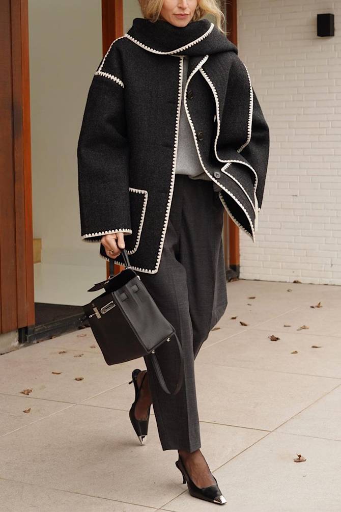 Monochromatic Layers with a Pop of Grey Scarf — Scarf Outfits