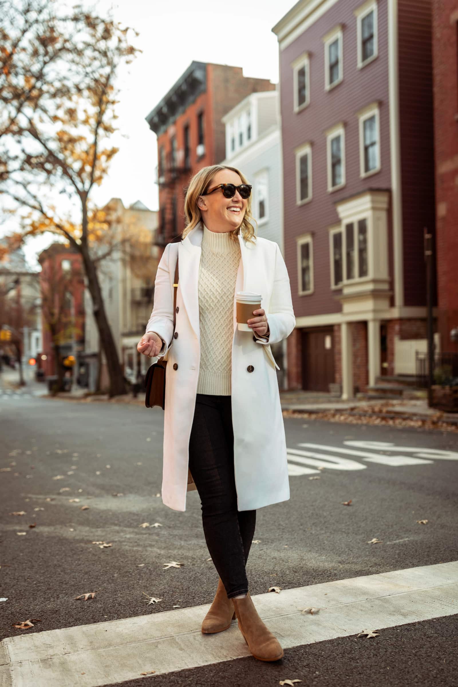 White Double-Breasted Coat for a Chic Layer — Casual Winter Outfits