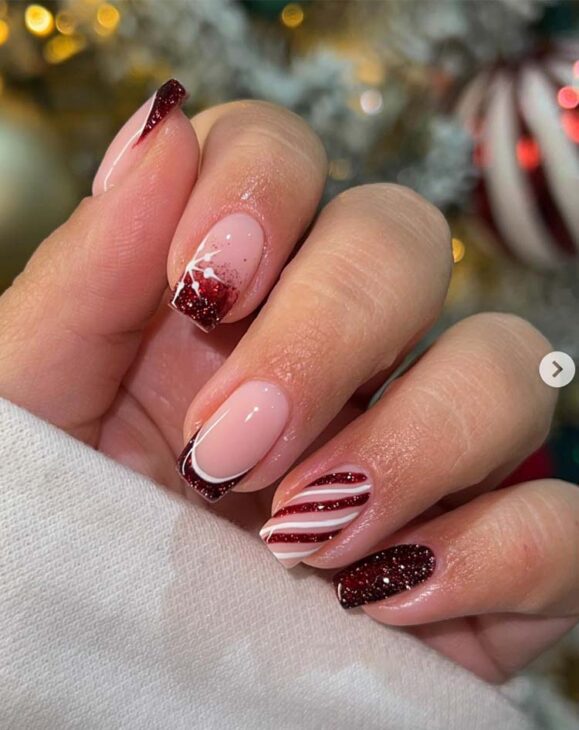 Sheer Pink Red White Dark Red Glitter Visual Idea Sheer Pink Red White Dark Red Glitter Visual Idea β Christmas Nails for Teens 2026