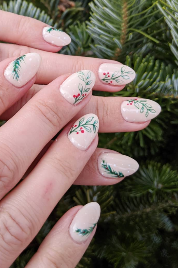Nude Base Hand-Painted Christmas Florals Nude Base Hand-Painted Christmas Florals β Easy Christmas Nails 2026