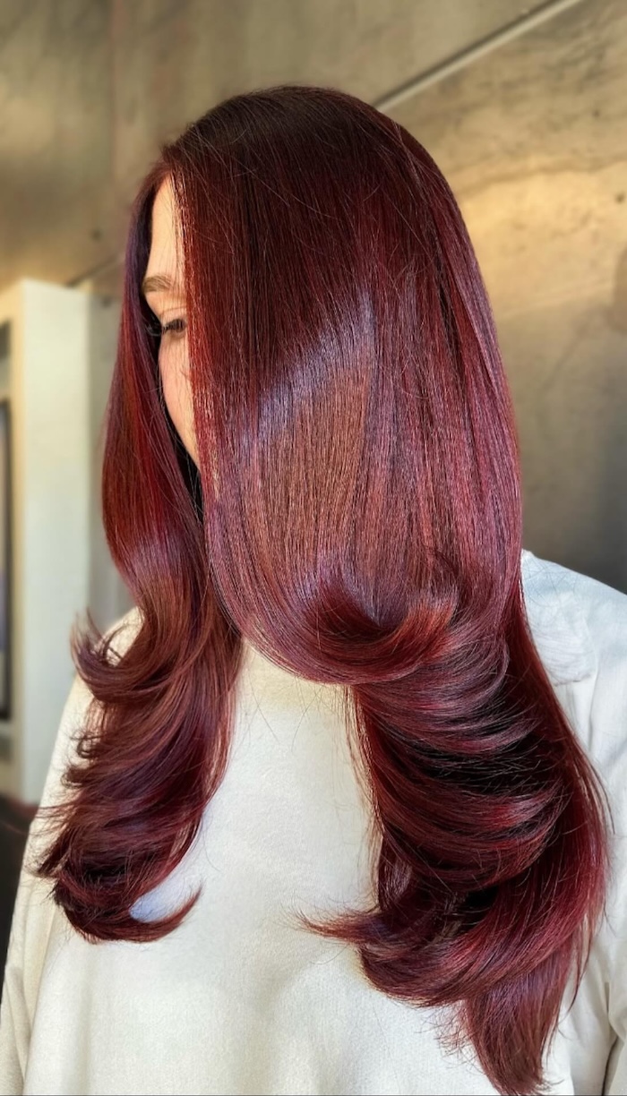 Vibrant Cranberry Rouge With Sculpted Layers Vibrant Cranberry Rouge With Sculpted Layers β Winter Red Hair Colors