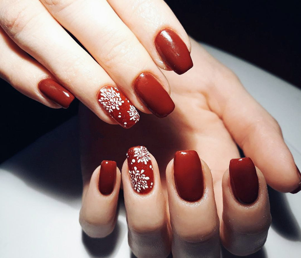 Deep Red Snowflake Square Nails — Christmas Nail Designs 2026