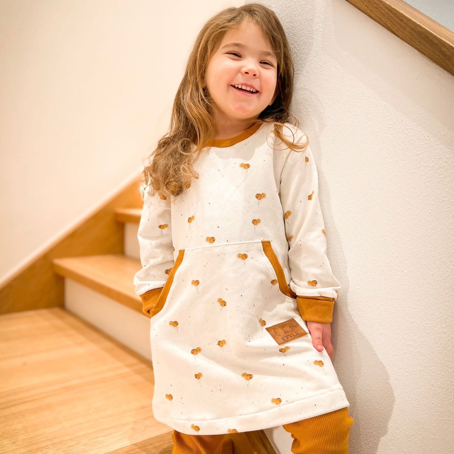 White Balloon Print Sweater Dress with Orange Trim — Sweater Dress Outfits