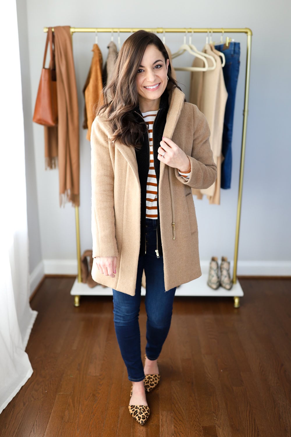 Camel Coat Over Striped Top with Skinny Jeans and Leopard Flats Camel Coat Over Striped Top with Skinny Jeans and Leopard Flats β Winter Outfits for Petite Women