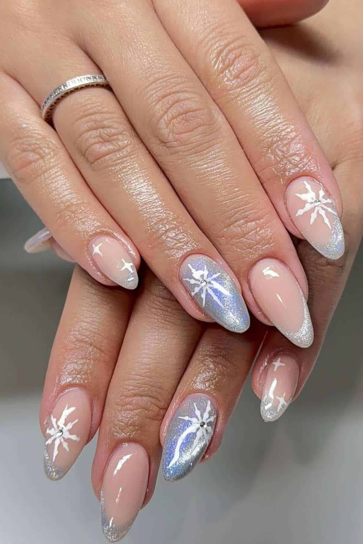 Nude Silver Iridescent Glitter Visual Idea — Winter Acrylic Nail Colors