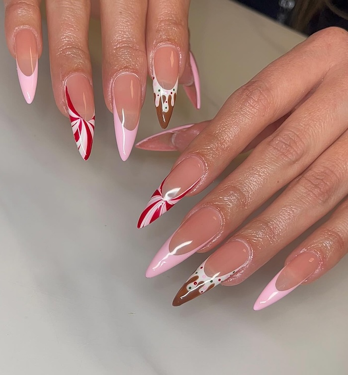 Festive Peppermint Chocolate Drip Stiletto Nails Festive Peppermint Chocolate Drip Stiletto Nails β Winter Stiletto Nails