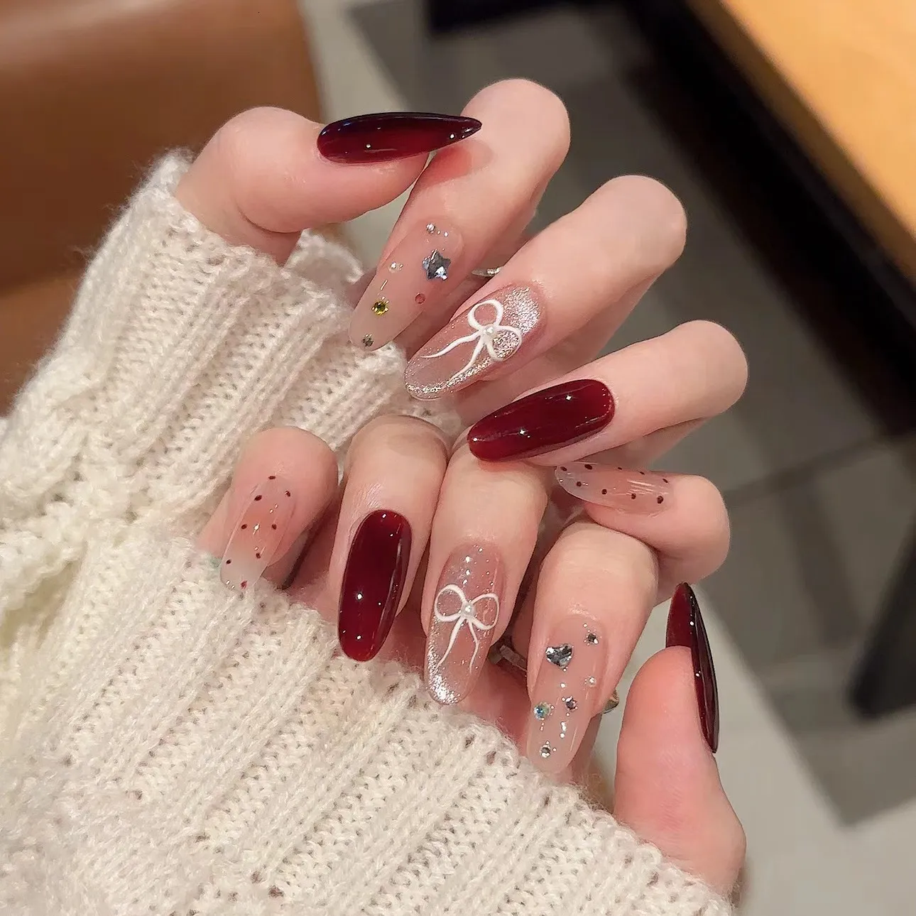 Deep Red Bowknot Rhinestone Stilettos Deep Red Bowknot Rhinestone Stilettos β Winter Rhinestone Nails