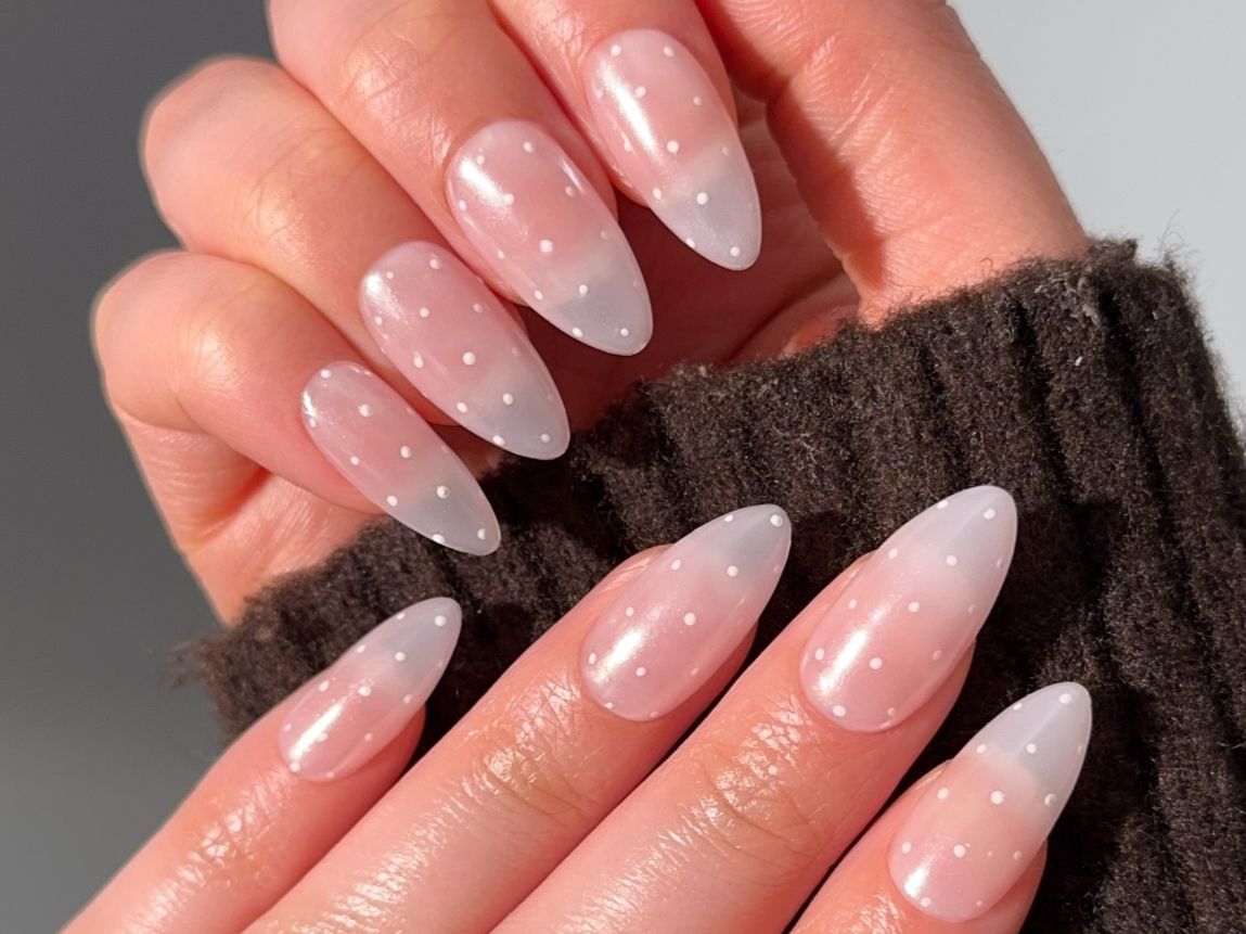 Polka Dot Sheer Pink Medium Almond Polka Dot Sheer Pink Medium Almond β Winter Wedding Nails