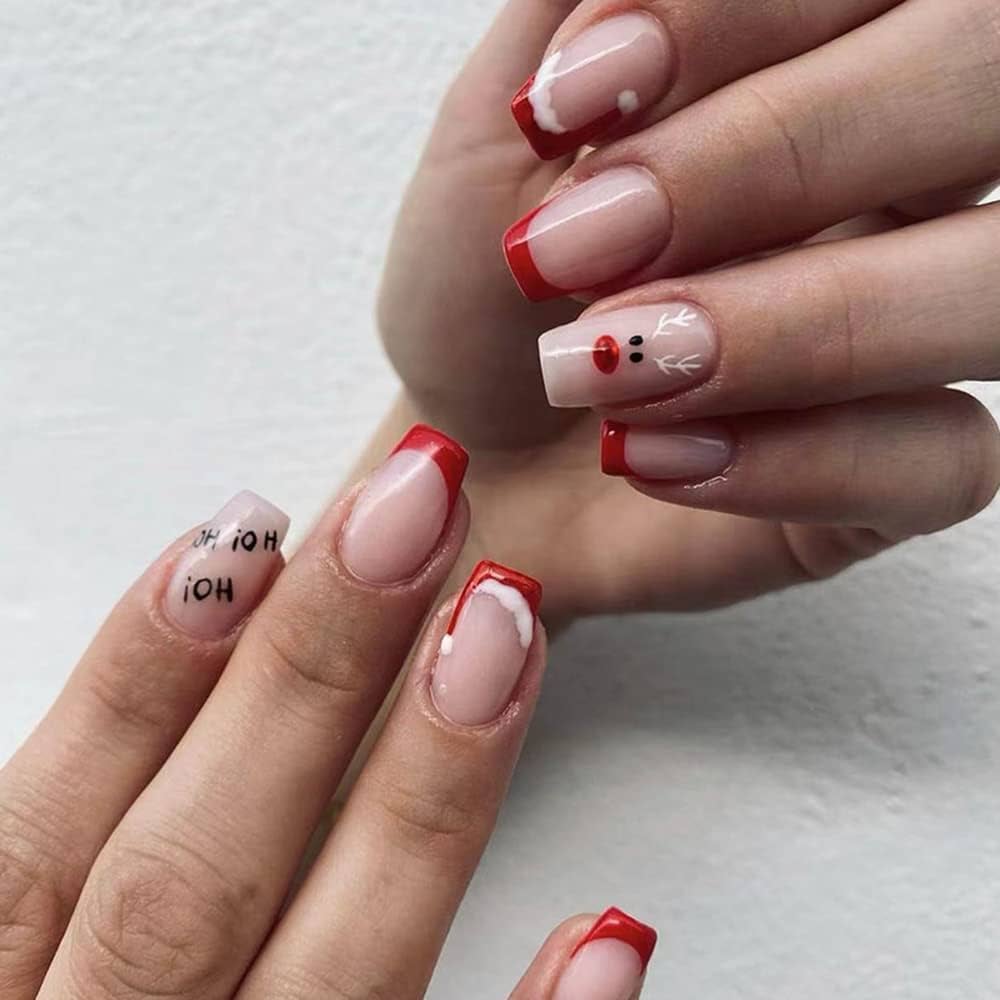 Nude Reindeer Face French Tip Nails Nude Reindeer Face French Tip Nails β Short Christmas Coffin Nails 2026