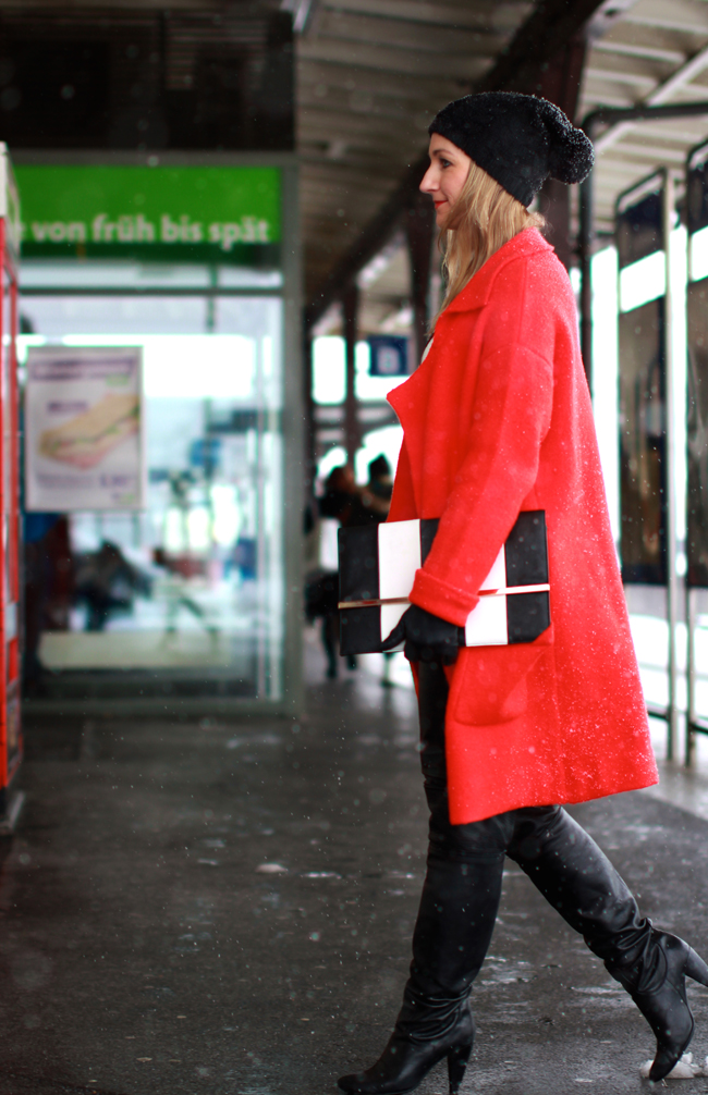 Bold Statement: Red Wool Coat with Leather Trousers — Late Winter Outfits