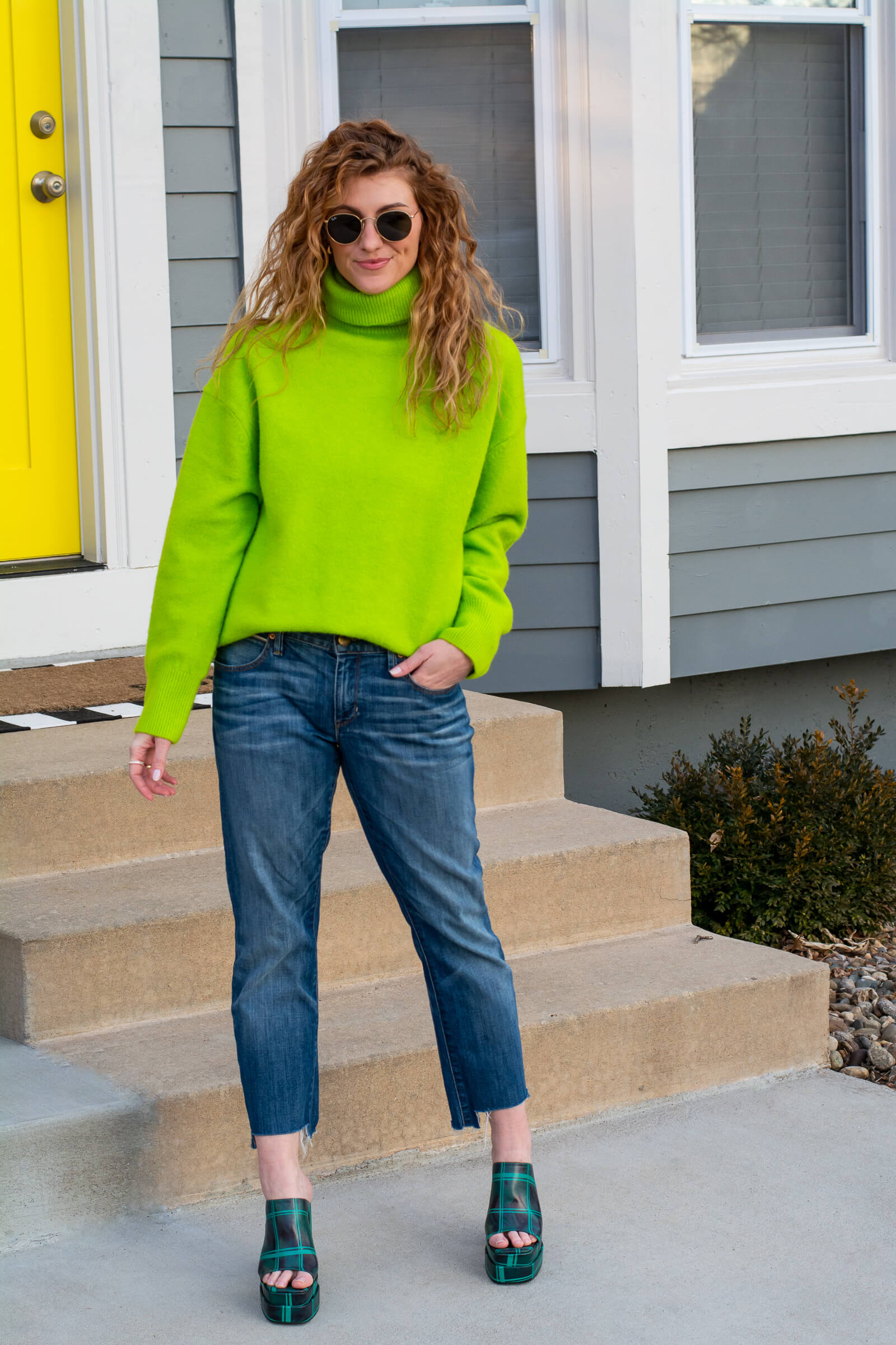 Neon Green Turtleneck Sweater With Blue Jeans Neon Green Turtleneck Sweater With Blue Jeans β Sweater Outfits