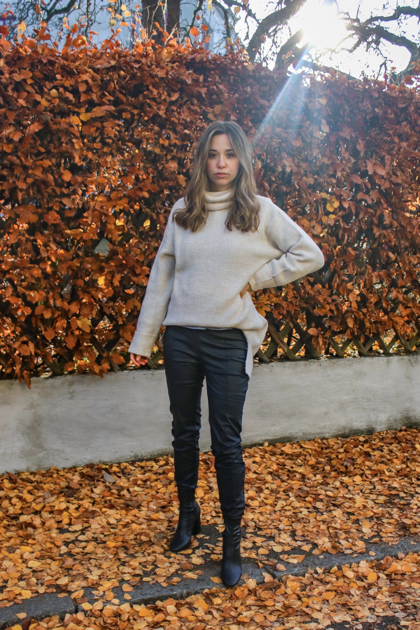 Black Leather Pants with Zipper Details, Knit Top, and Pumps — Leather Pants Outfits