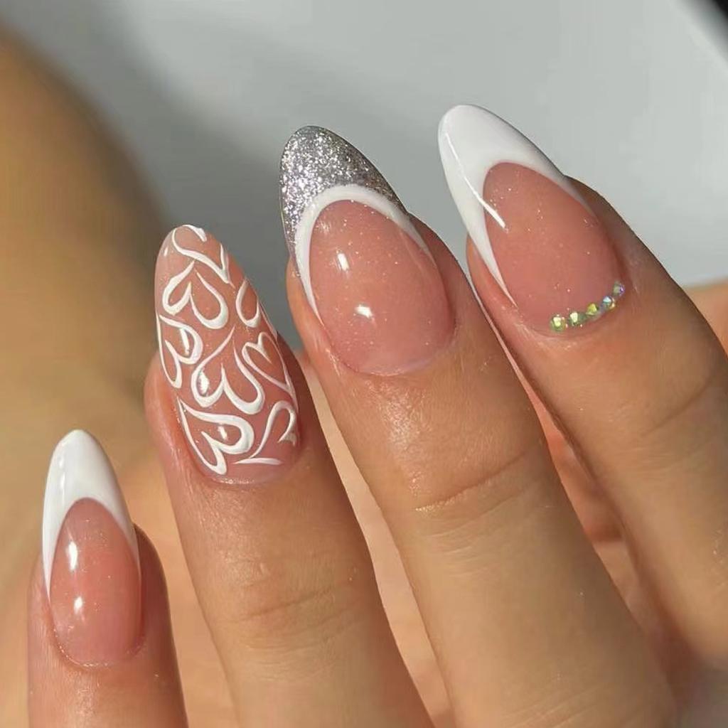 French Tip with Silver Glitter and Heart French Tip with Silver Glitter and Heart β New Years Almond Nails 2027