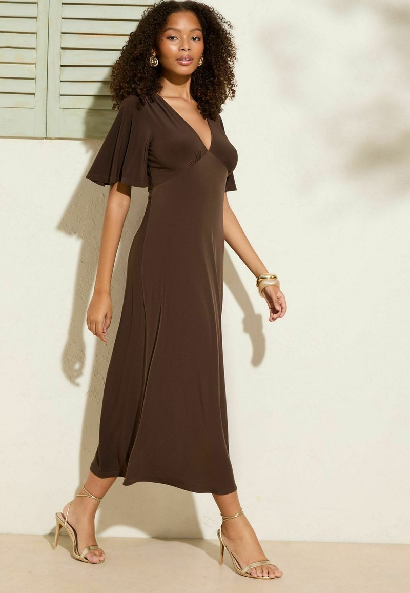 Brown A-Line Midi Dress with Flutter Sleeves Brown A-Line Midi Dress with Flutter Sleeves β Chocolate Brown Outfits