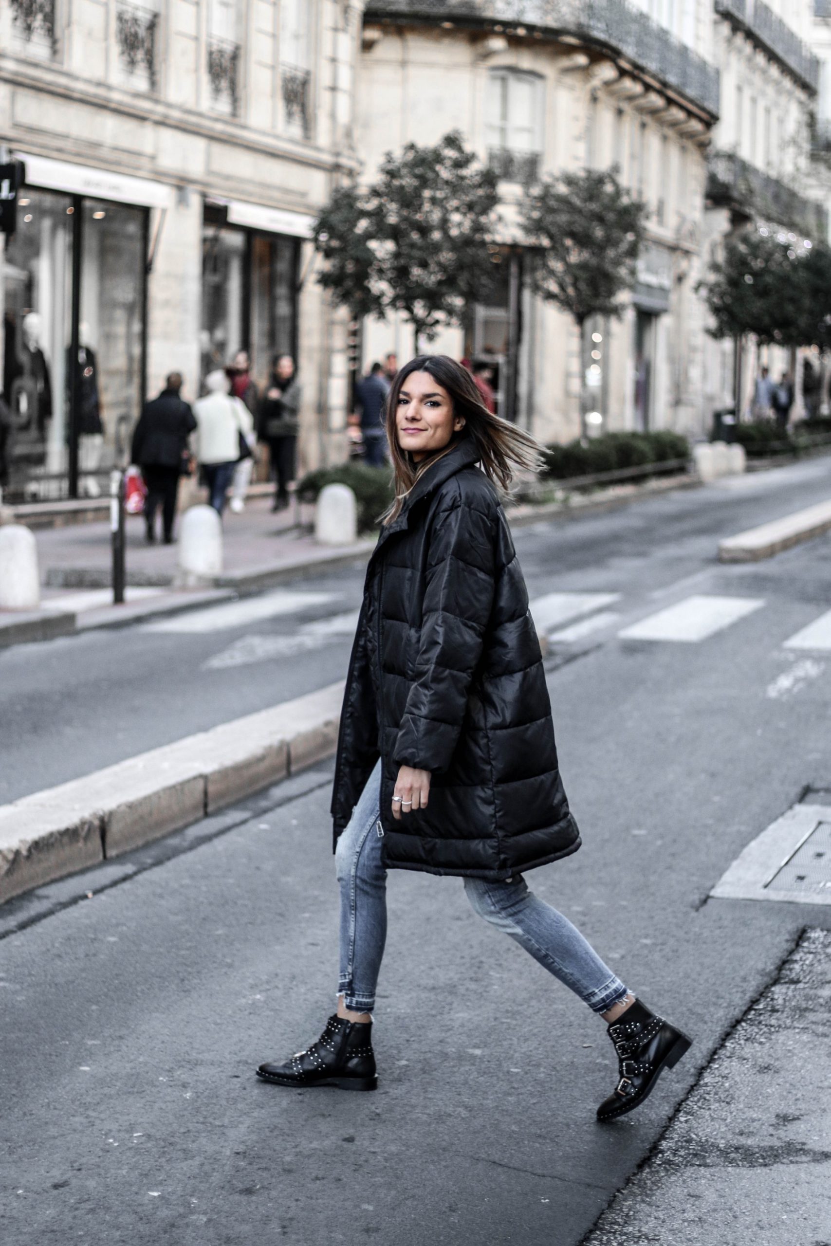 Long Black Puffer Jacket with Studded Boots — Winter Puffer Jacket Outfits