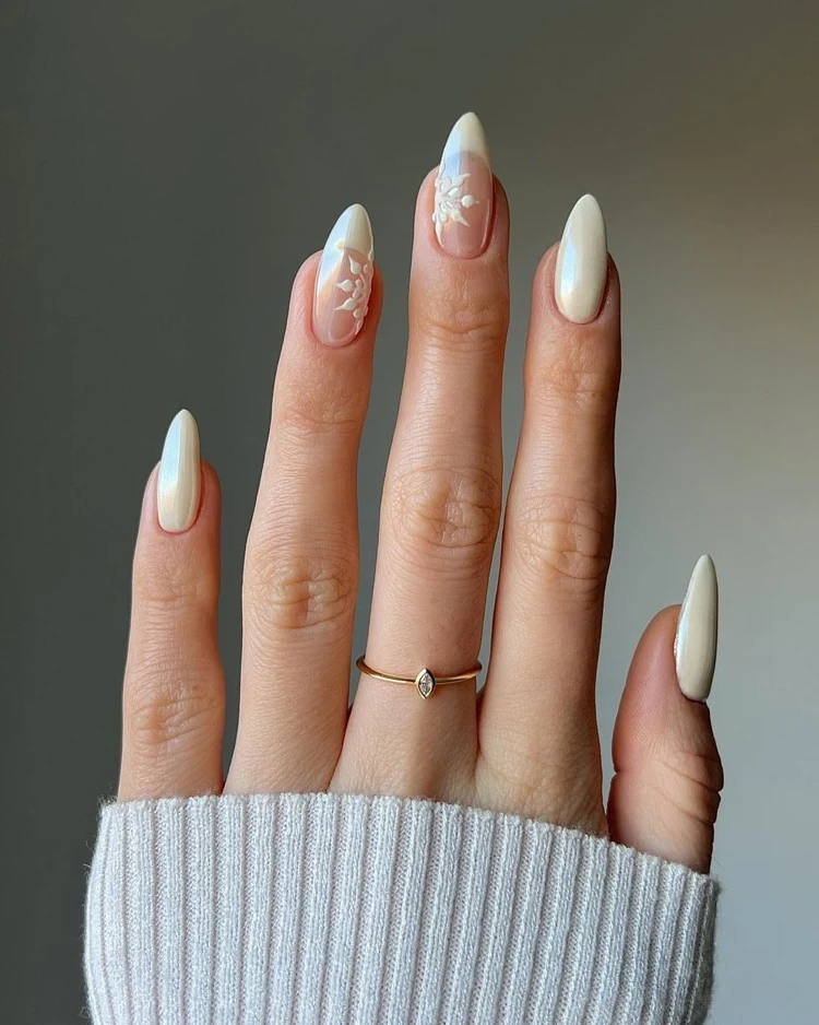 Creamy Gradient with Delicate Floral Art — Winter White Nails