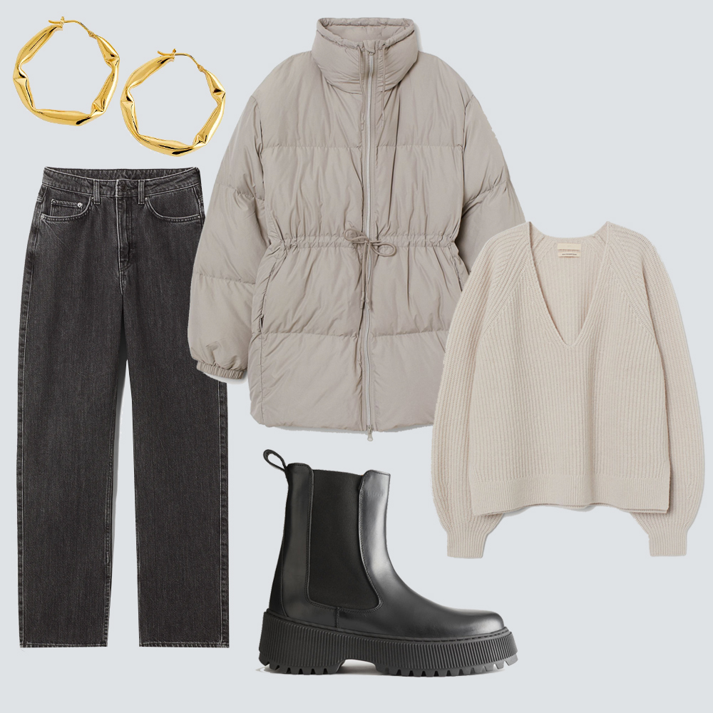 Neutral Palette: Puffer Jacket, Sweater, and Jeans Neutral Palette: Puffer Jacket, Sweater, and Jeans β Scandinavian Winter Outfits