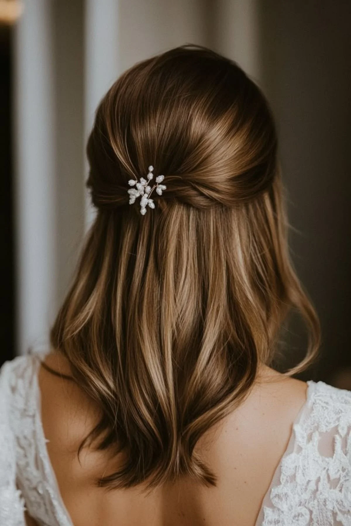 Dark Brown Twisted Style With Ornate Accessory — Winter Half Up Half Down Hairstyles