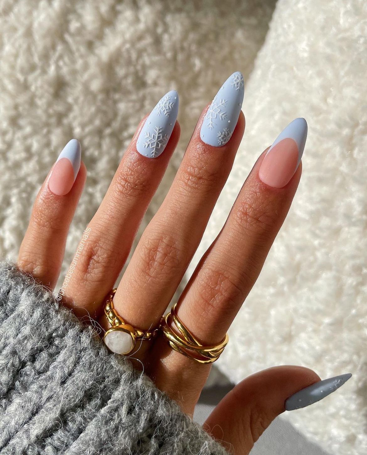 Embossed Snowflake Matte Blue French Almonds Embossed Snowflake Matte Blue French Almonds β Winter Almond Nails