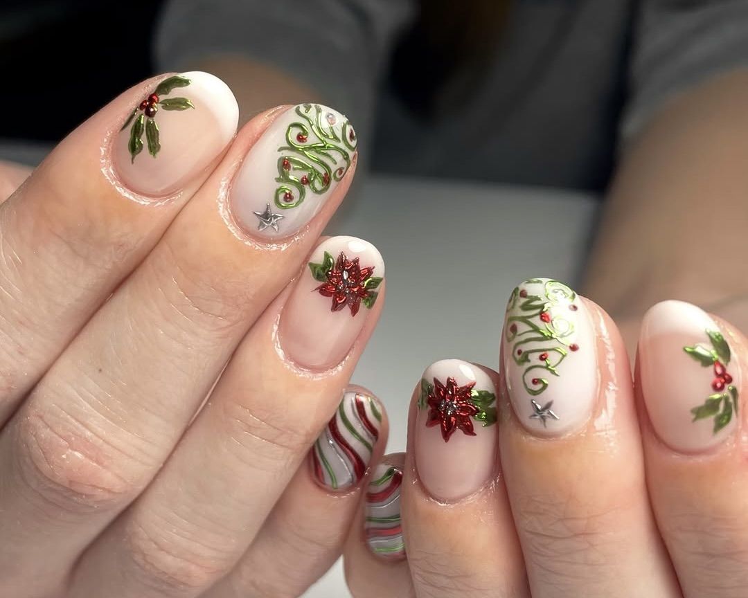 Nude Detailed Christmas Motif Oval Nails Nude Detailed Christmas Motif Oval Nails β Simple Short Christmas Nails 2026