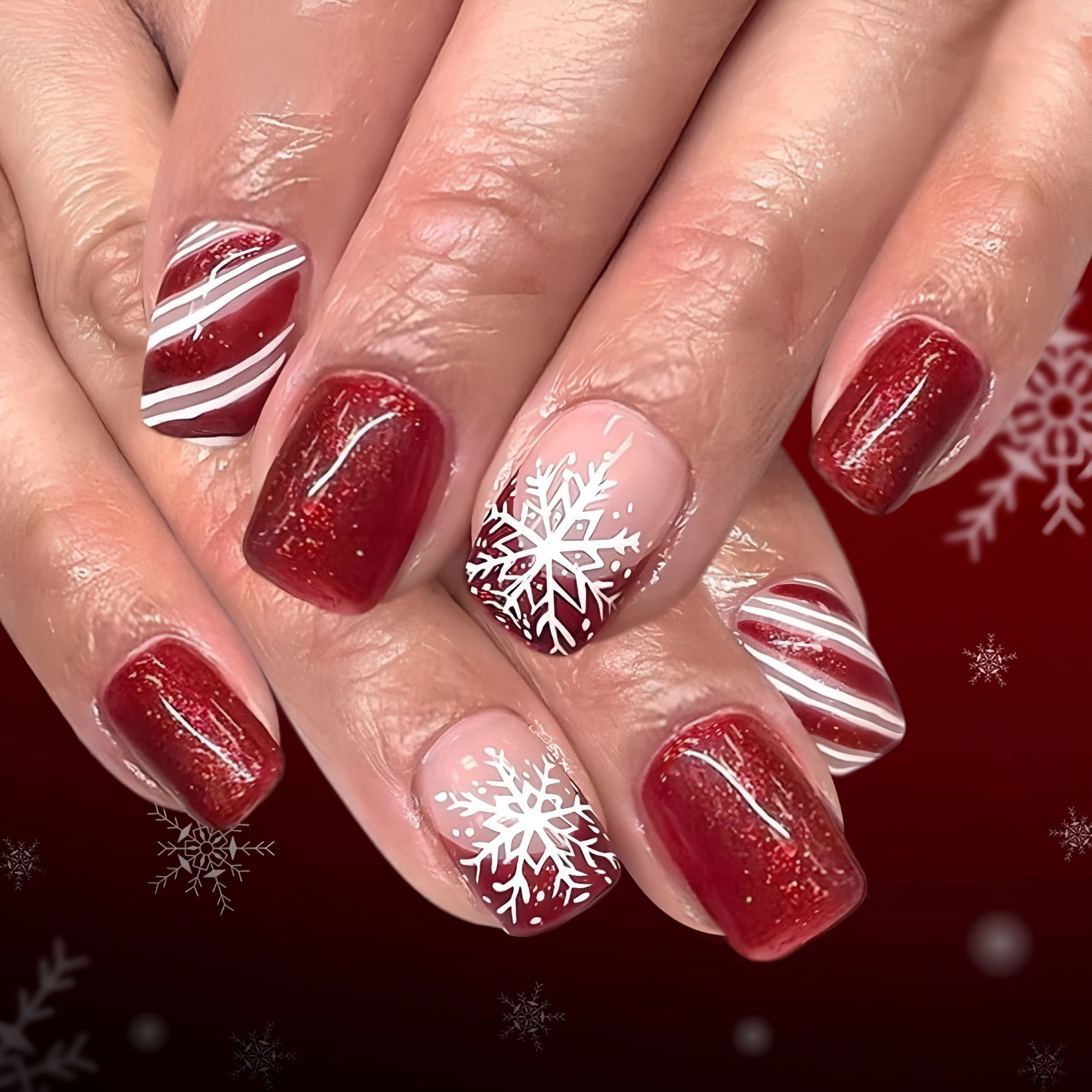 Red Glitter Snowflake Candy Cane Nails Red Glitter Snowflake Candy Cane Nails β Medium Christmas Nails 2026