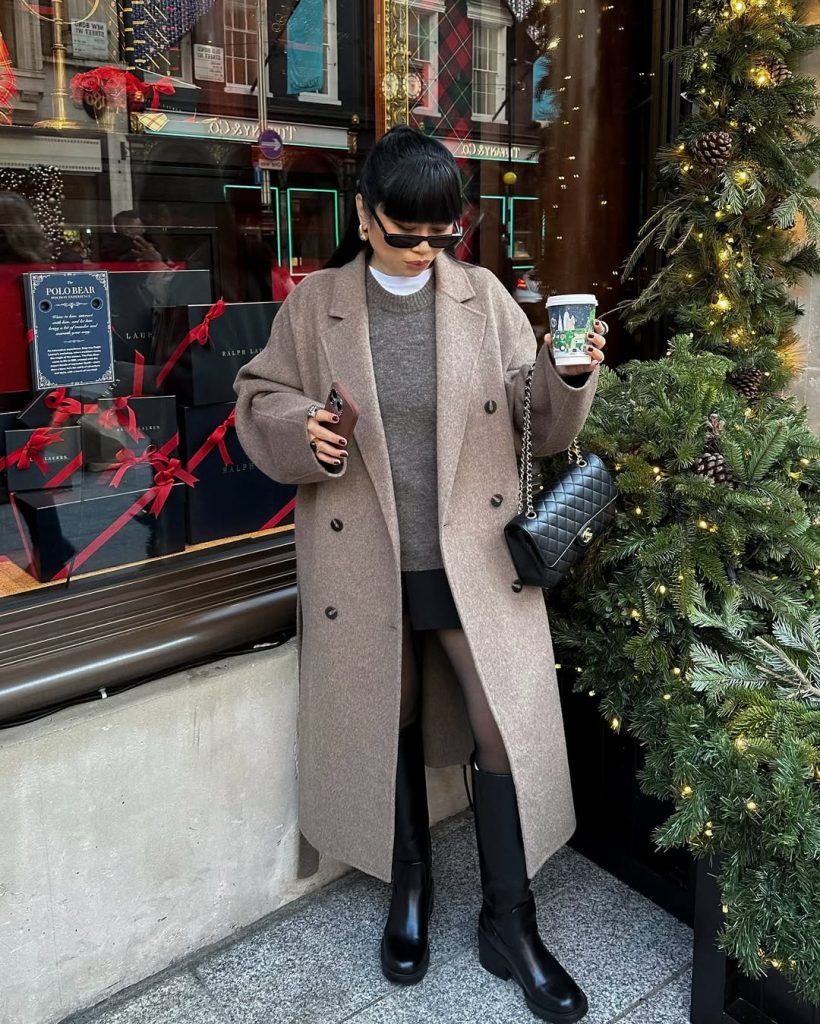 Long Beige Wool Coat with Grey Knitwear and Black Accents — Old Money Winter Outfits
