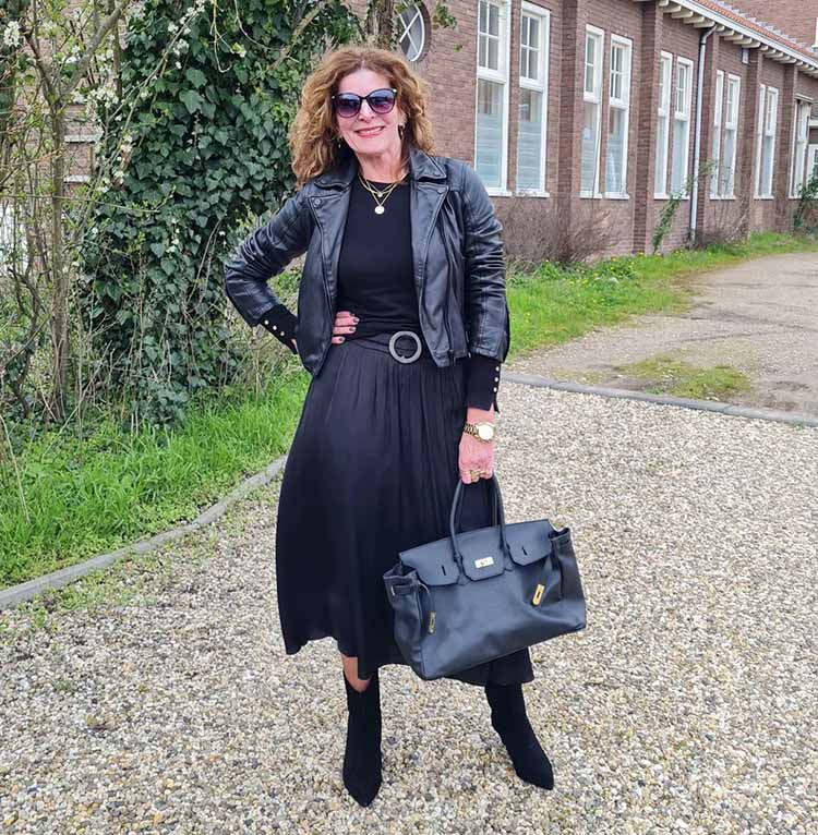 Leather Jacket with Flowing Midi Skirt — Winter Going Out Outfits