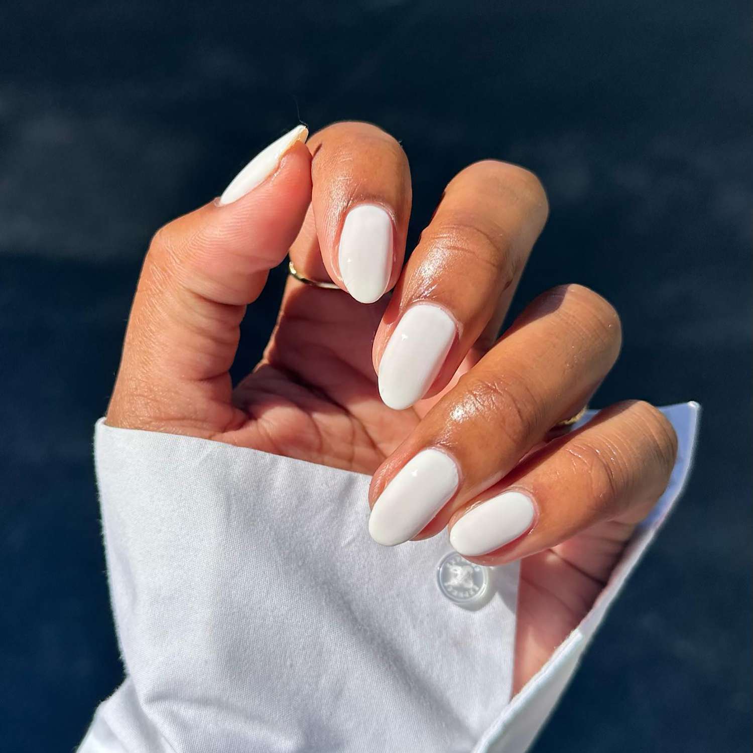Medium Almond Milky White Glossy Nails — Winter Wedding Guest Nails