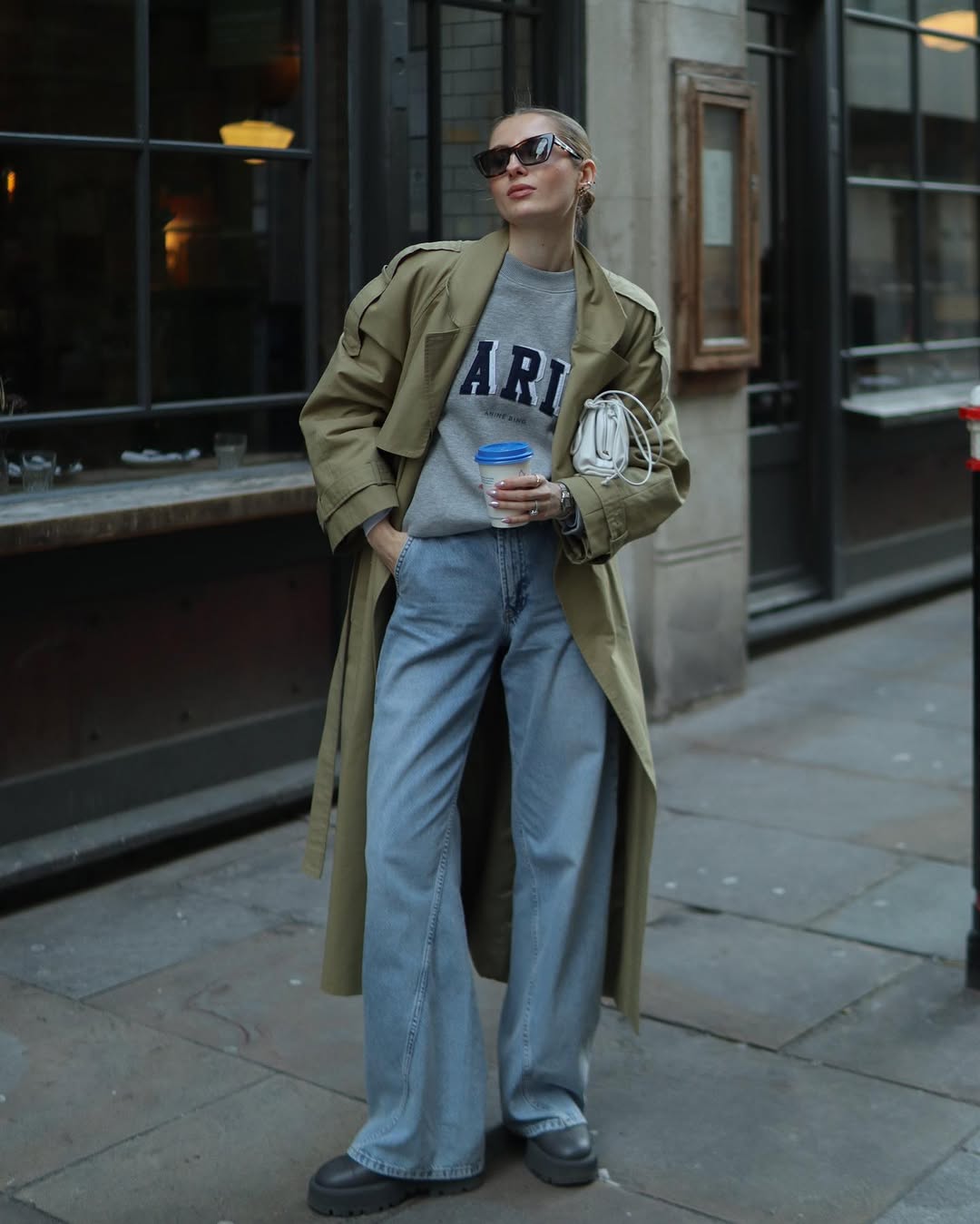 Oversized Khaki Car Coat with Graphic Sweatshirt and Wide-Leg Jeans — Car Coat Outfits