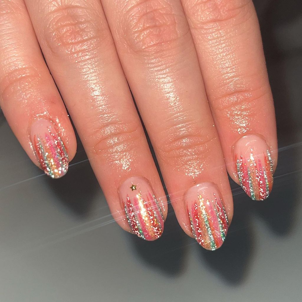 Pink Base With Vertical Glitter Stripes Pink Base With Vertical Glitter Stripes β Winter Nail Colors for Women Over 40